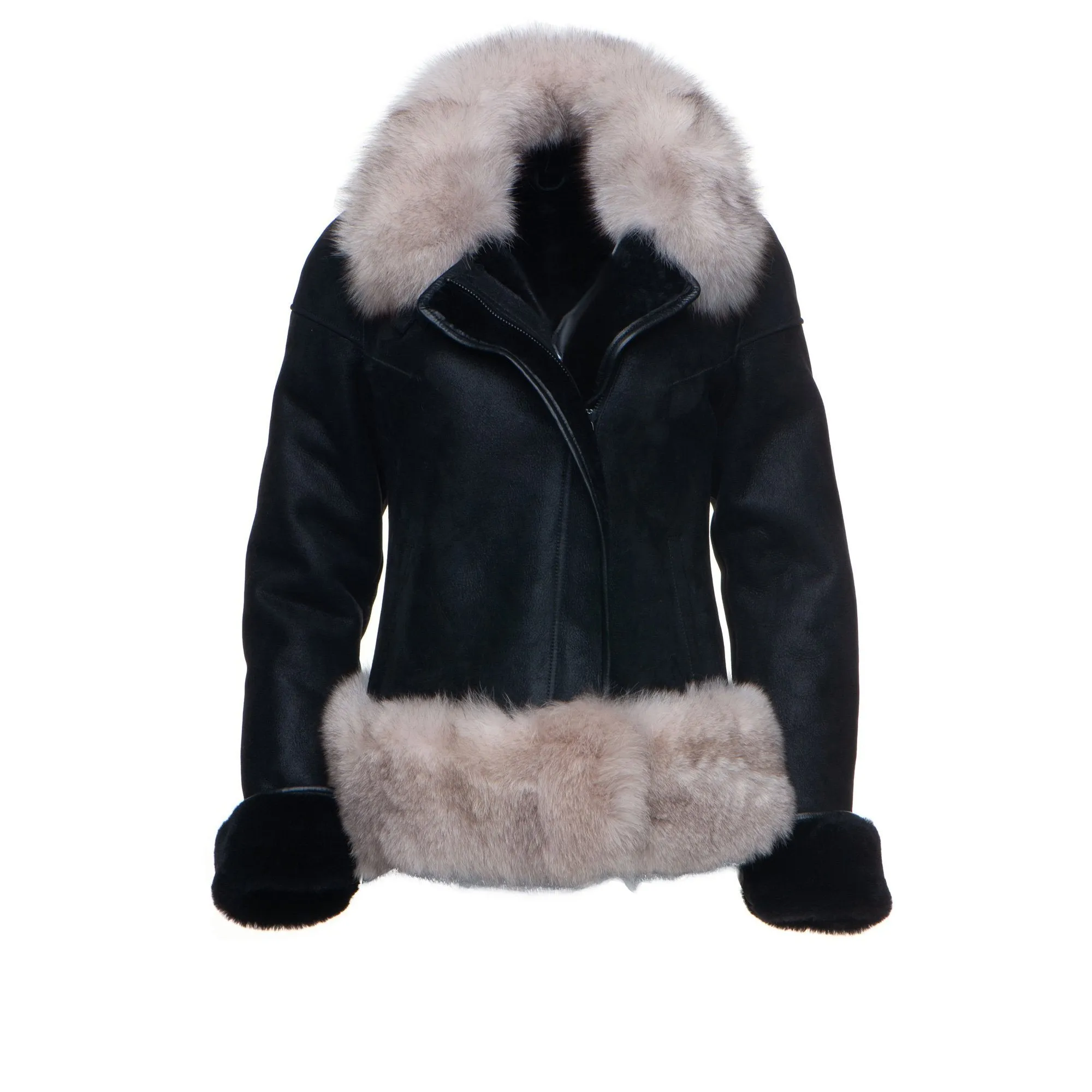 Cecily's Black Shearling Sheepskin Jacket with Fox fur trim