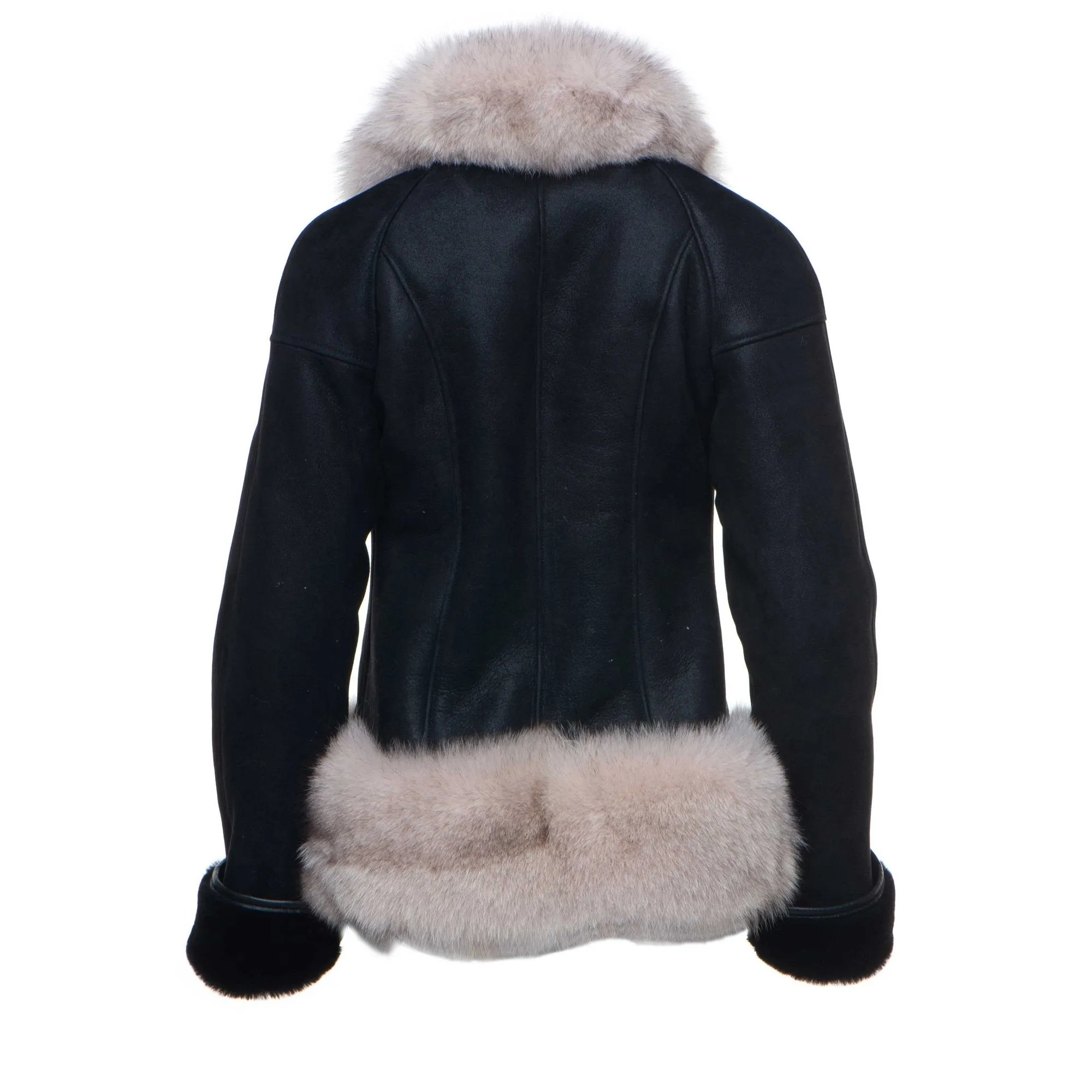 Cecily's Black Shearling Sheepskin Jacket with Fox fur trim