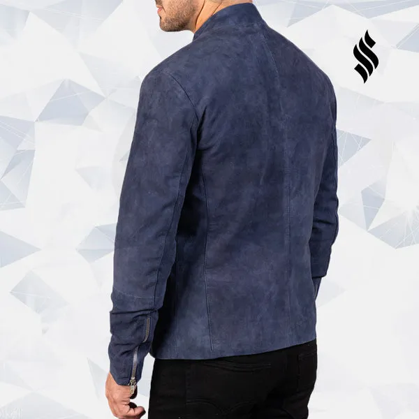 Charcoal Navy Blue Suede Biker Leather Jacket