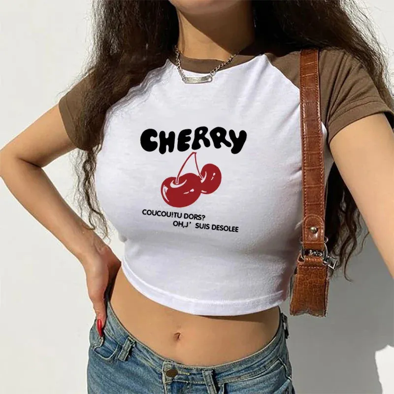 Cherry Letters Retro Sports Style Crop Top O-Neck Baby Tee Crop Top