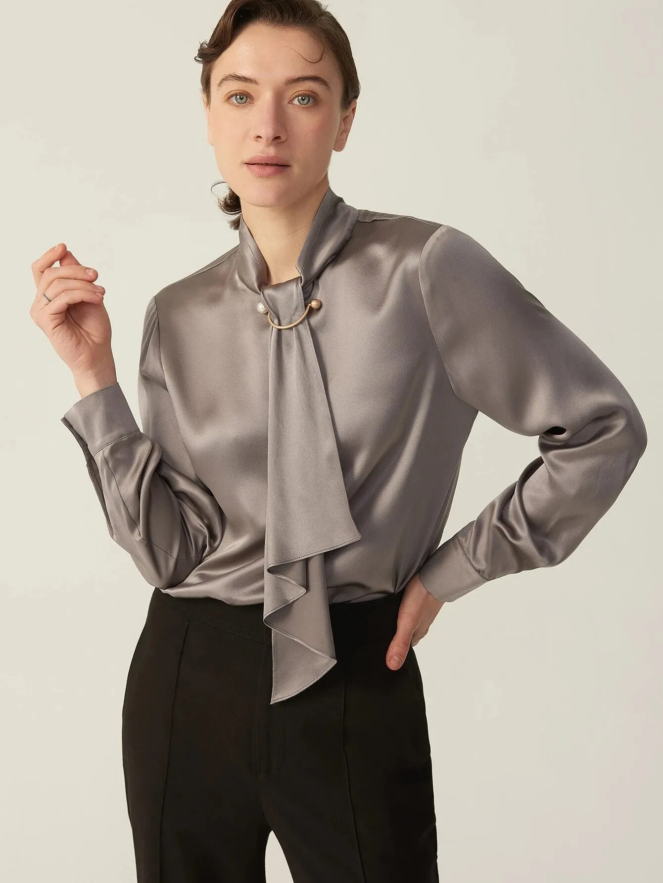 Classic Gorgeous Silk Shirt  Long Sleeves Collared Silk Blouse for Women