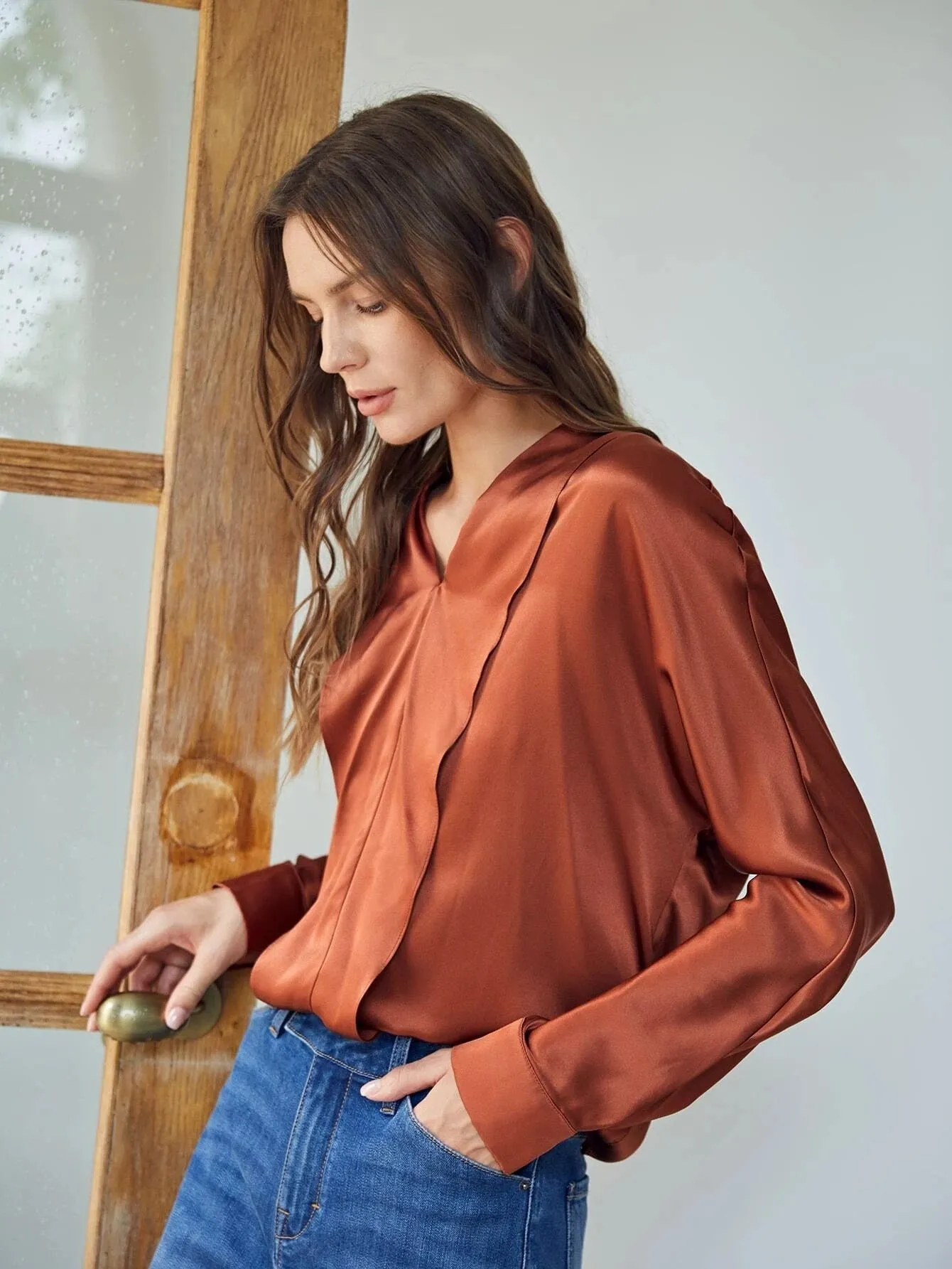 Classic  V Neck Silk Shirt Long Sleeves Silk Top Silk Blouse for Women