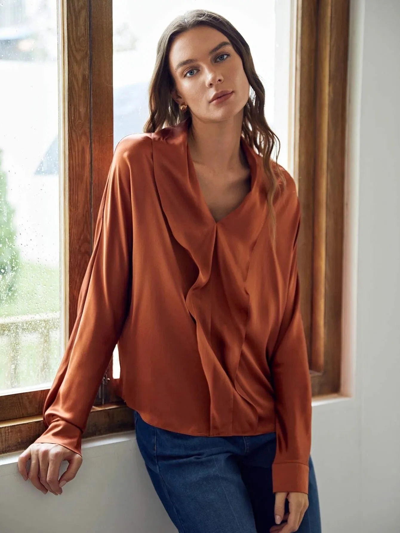 Classic  V Neck Silk Shirt Long Sleeves Silk Top Silk Blouse for Women