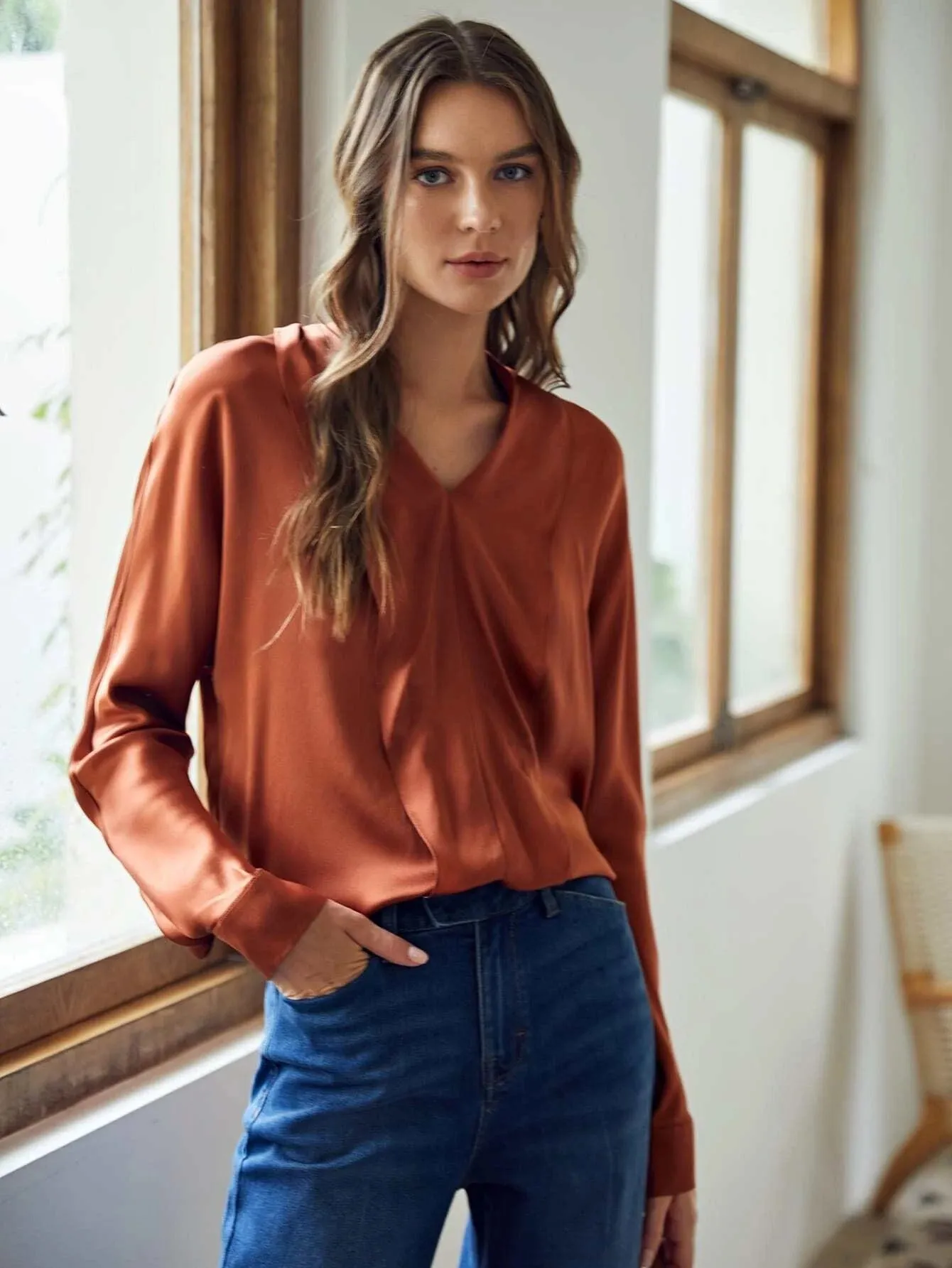 Classic  V Neck Silk Shirt Long Sleeves Silk Top Silk Blouse for Women