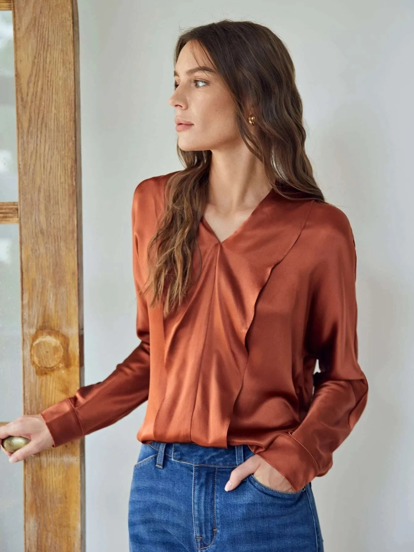 Classic  V Neck Silk Shirt Long Sleeves Silk Top Silk Blouse for Women