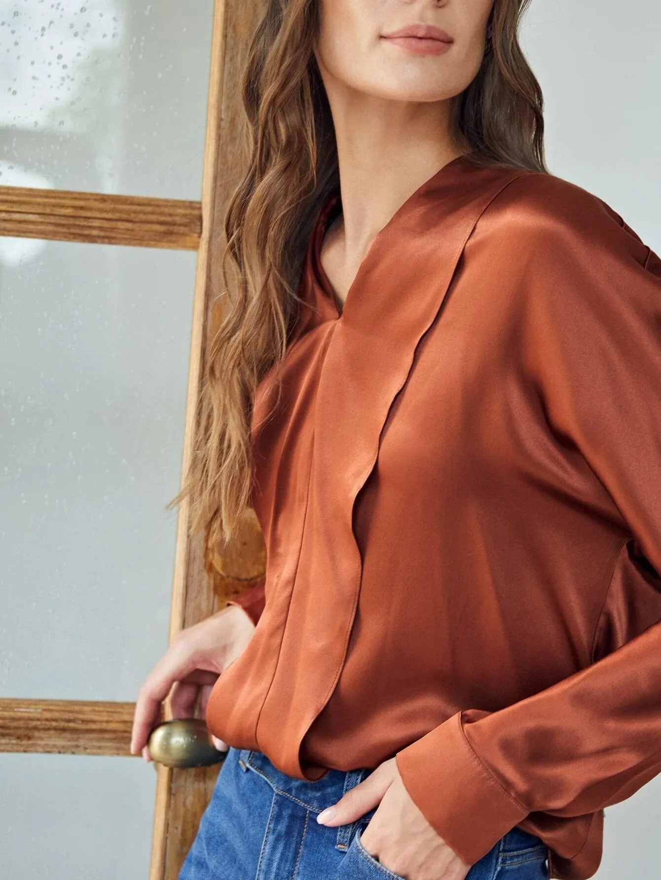 Classic  V Neck Silk Shirt Long Sleeves Silk Top Silk Blouse for Women