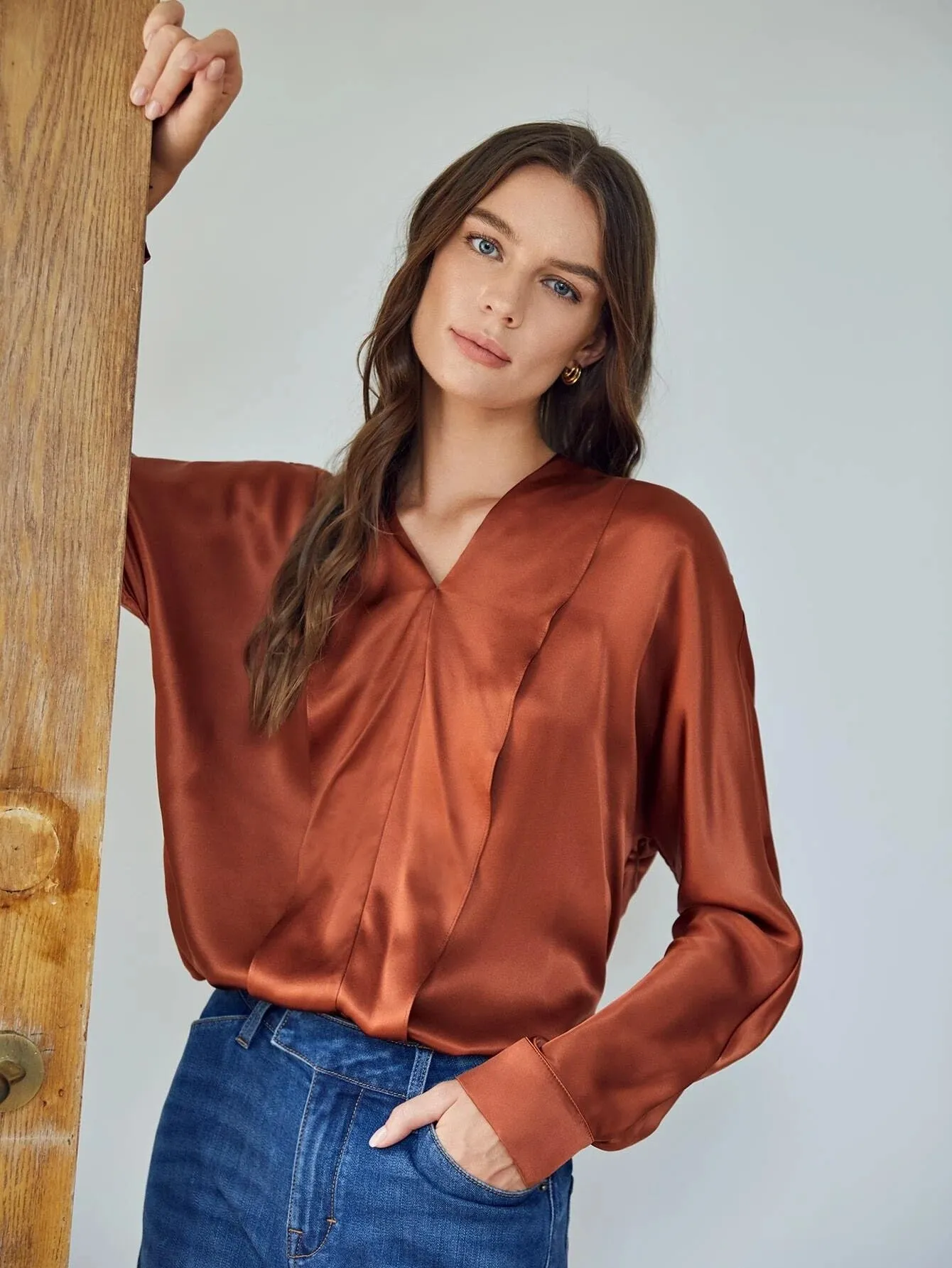 Classic  V Neck Silk Shirt Long Sleeves Silk Top Silk Blouse for Women