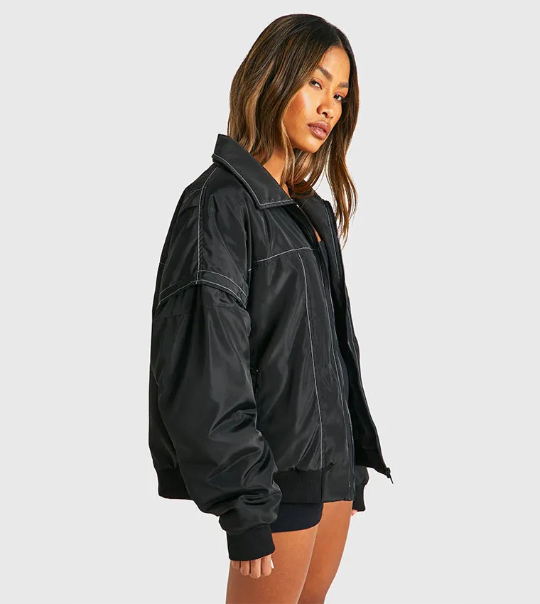 CONTRAST STITCH DETAIL OVERSIZED BOMBER JACKET