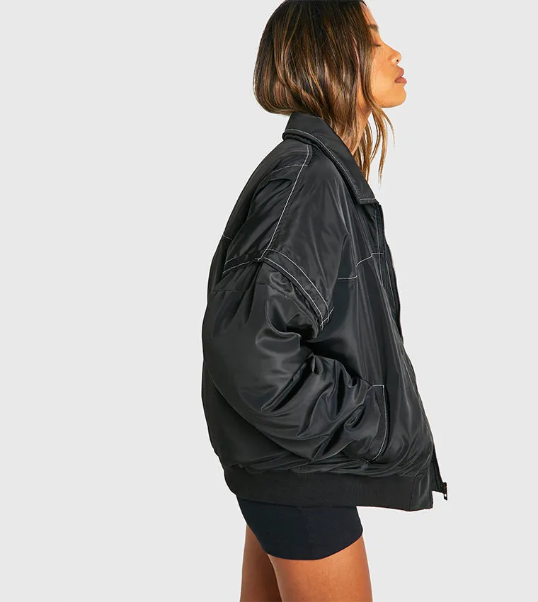 CONTRAST STITCH DETAIL OVERSIZED BOMBER JACKET