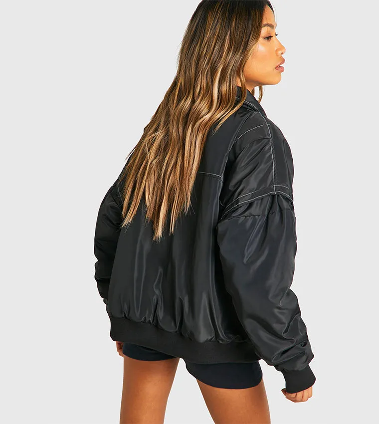 CONTRAST STITCH DETAIL OVERSIZED BOMBER JACKET