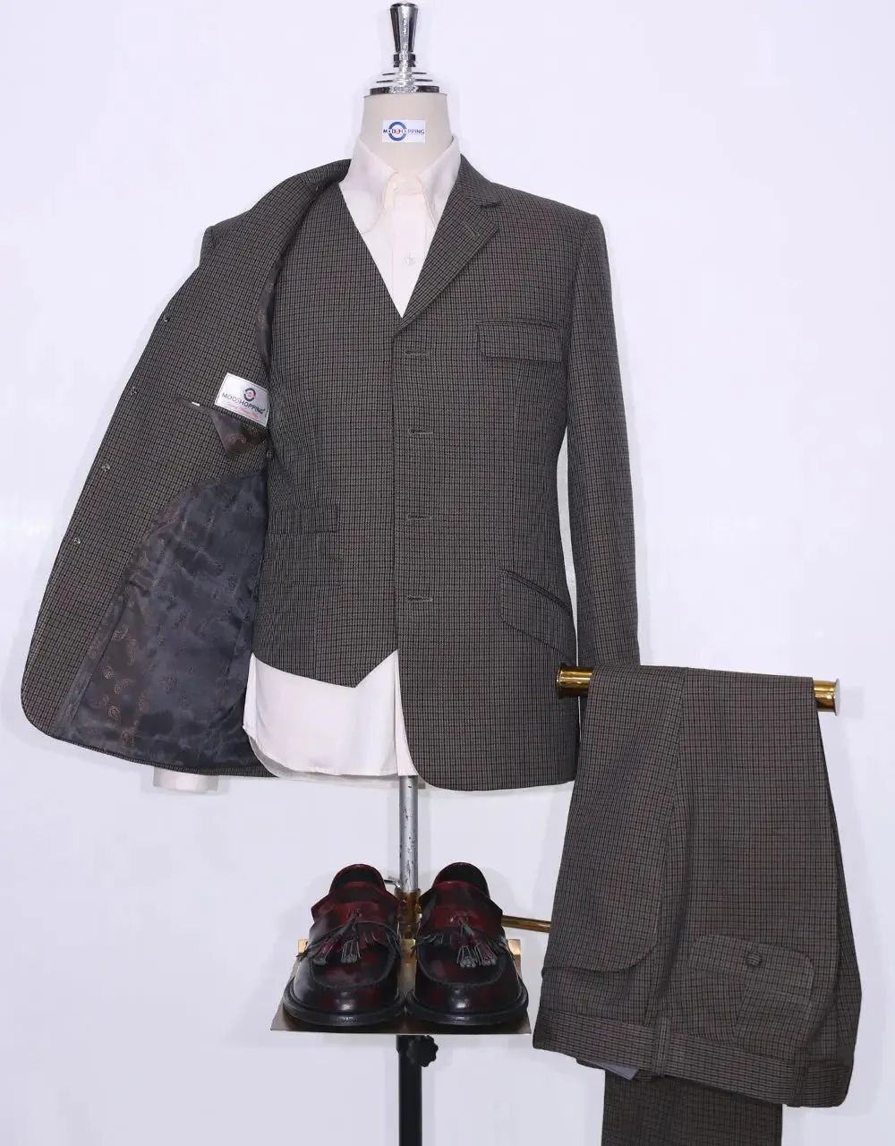 Dark Brown And Black Houndstooth 3 Piece Suit