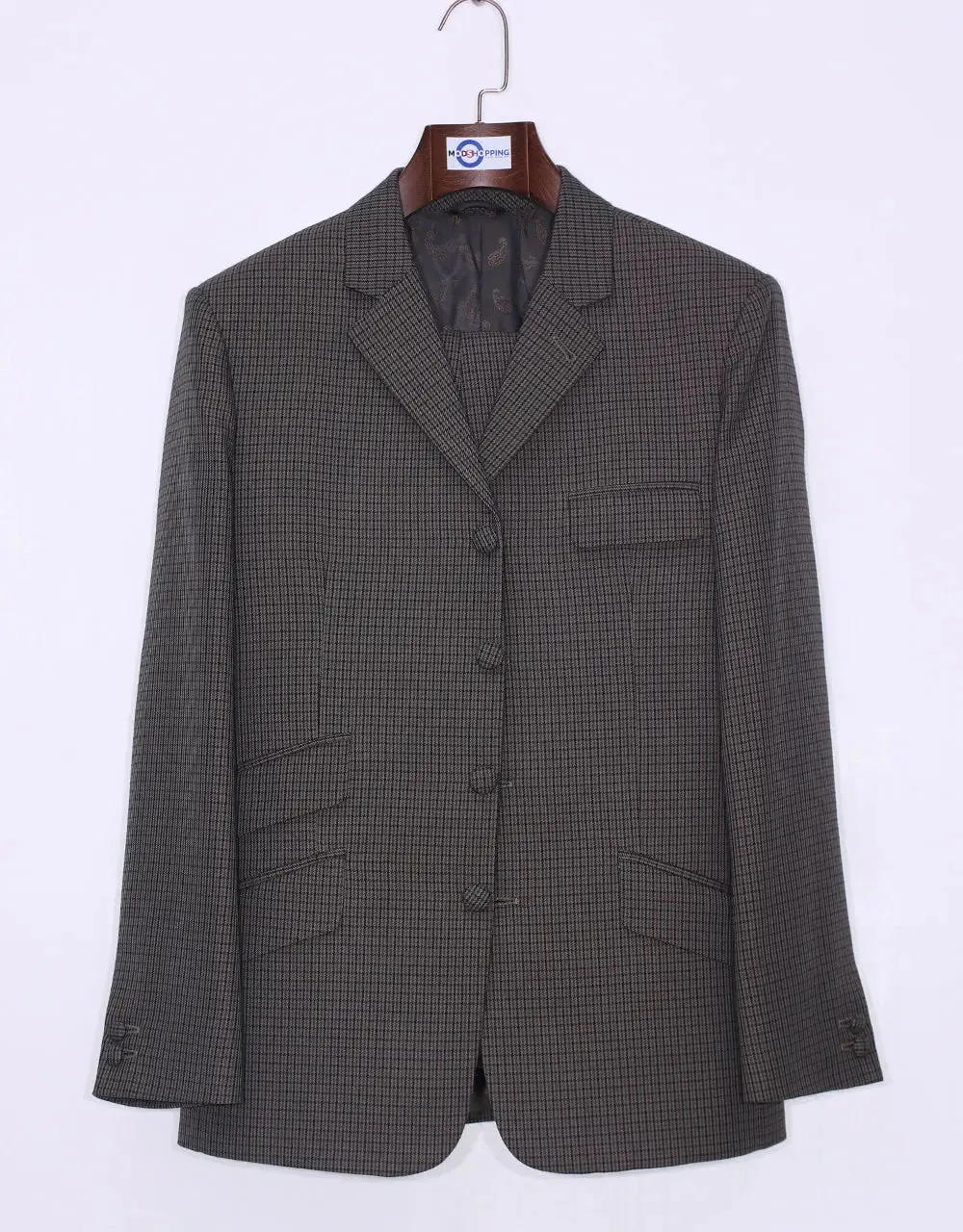 Dark Brown And Black Houndstooth 3 Piece Suit