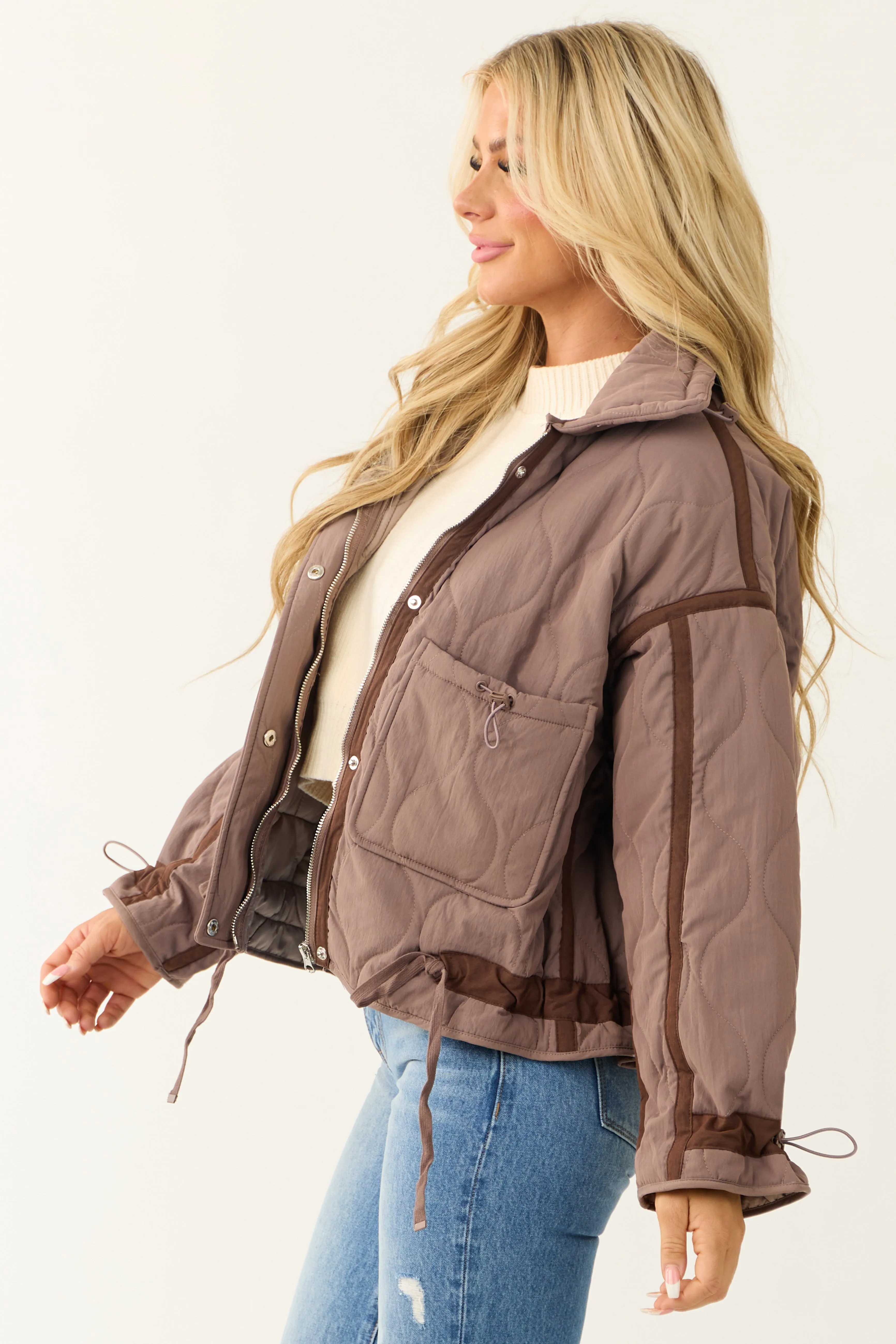 Deep Mauve Button Down Collared Puffer Jacket