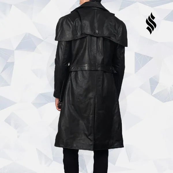 Deux Black Leather Trench Coat