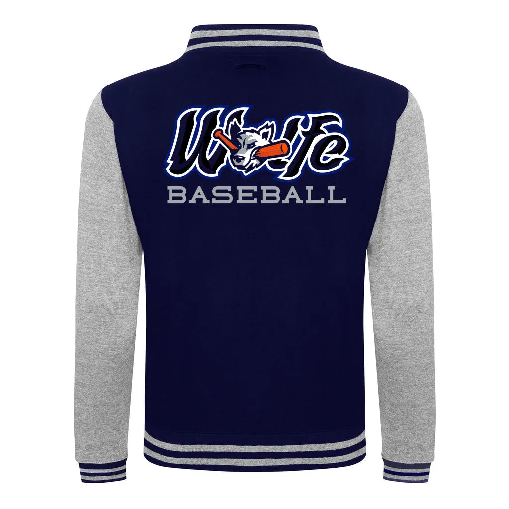 Diamond Pride Varsity College Jacke "Laufer Wölfe", W & Wölfe Baseball, navy blau - heather grau