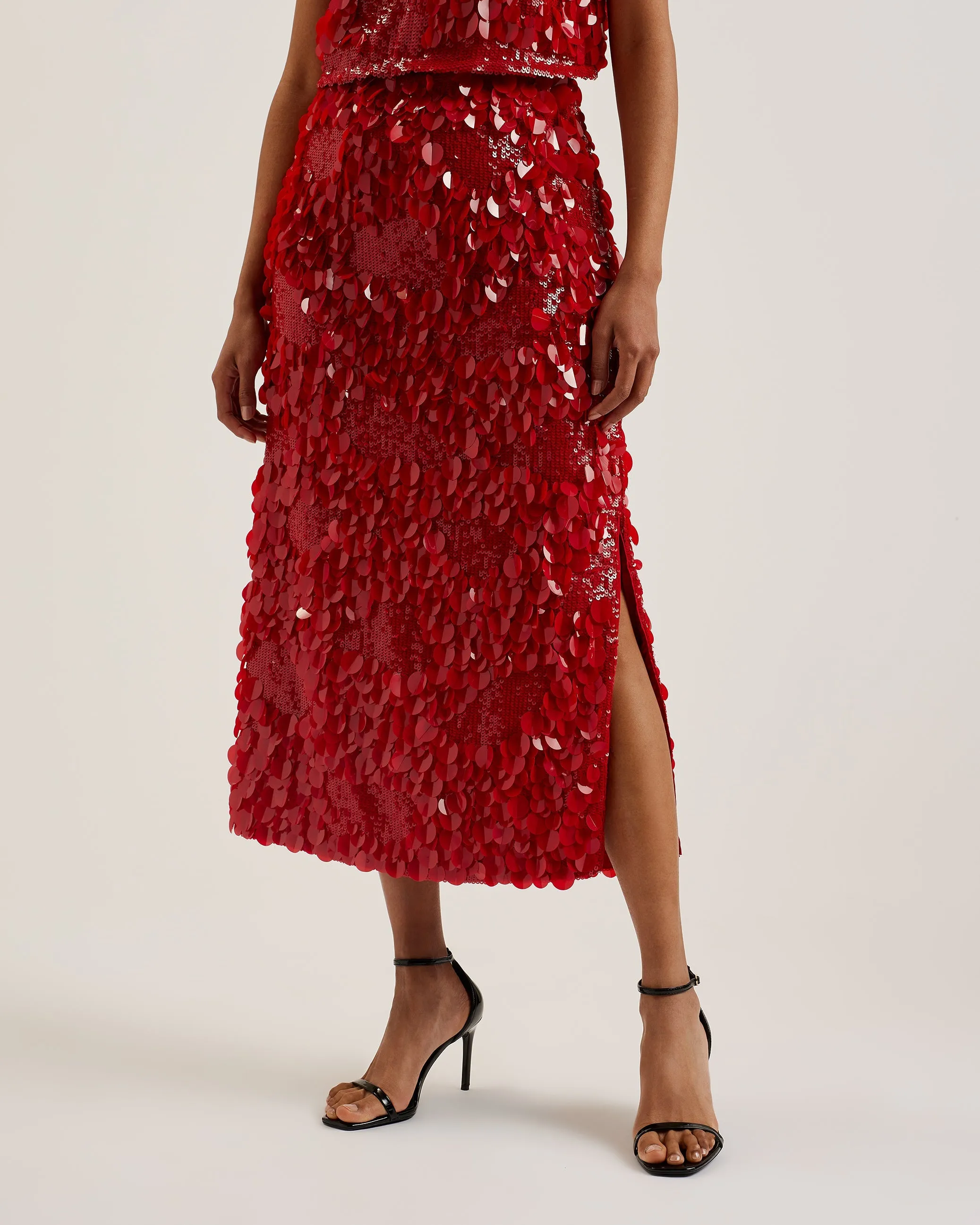 Dorida Mixed Sequin Pencil Skirt Red