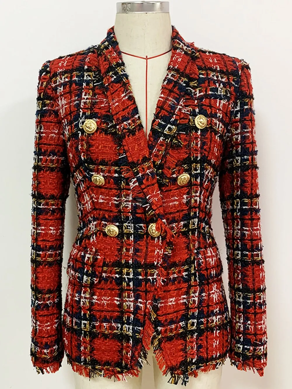 Double Breasted Plaid Tweed Blazer