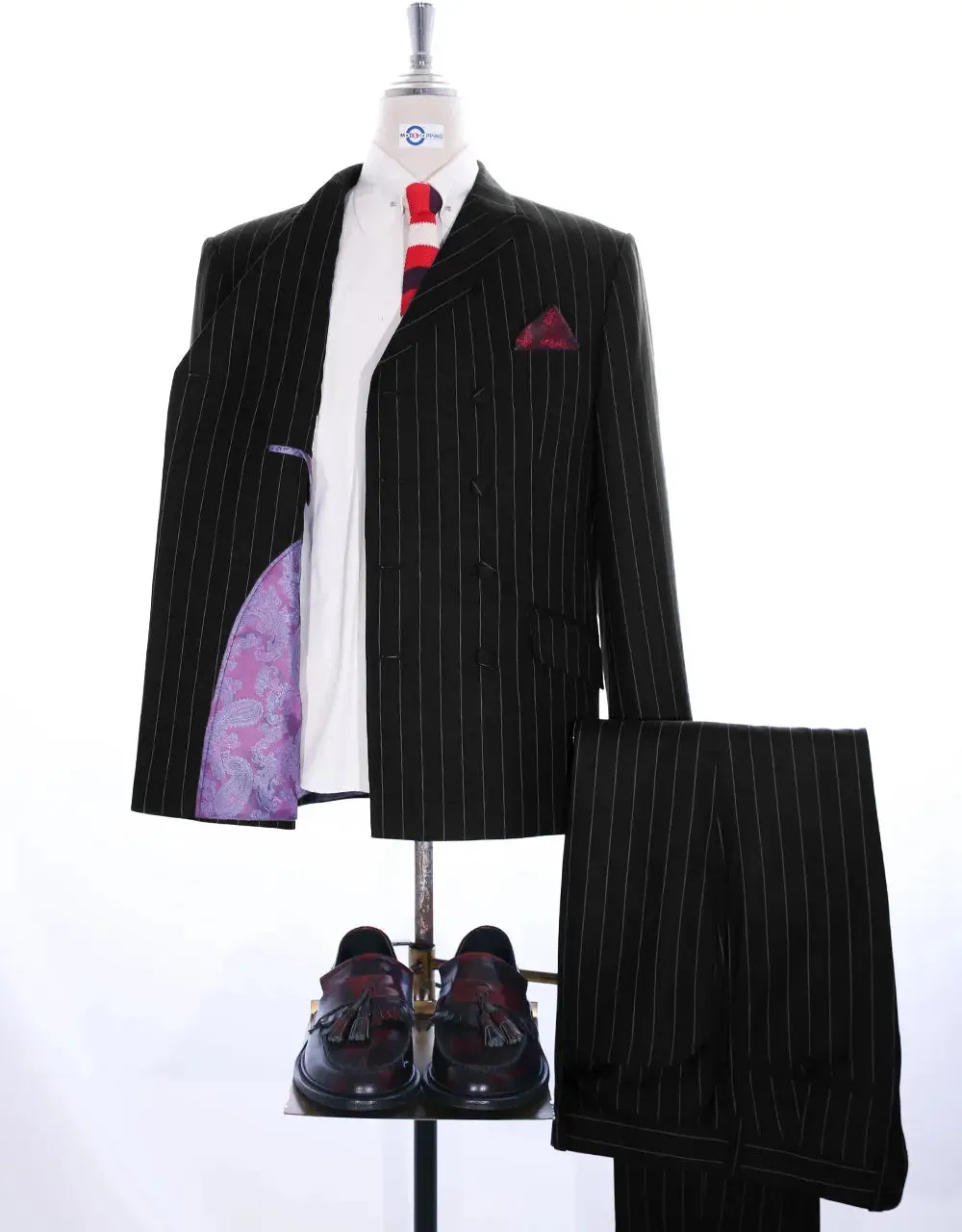 Double Breasted  Suit - Vintage Style Black Stripe Suit