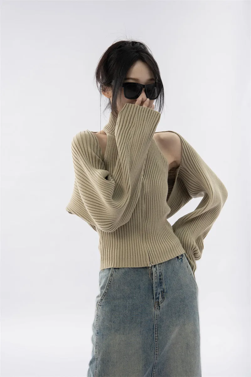 Double Zip High Neck Knit Vest and Shrug Top