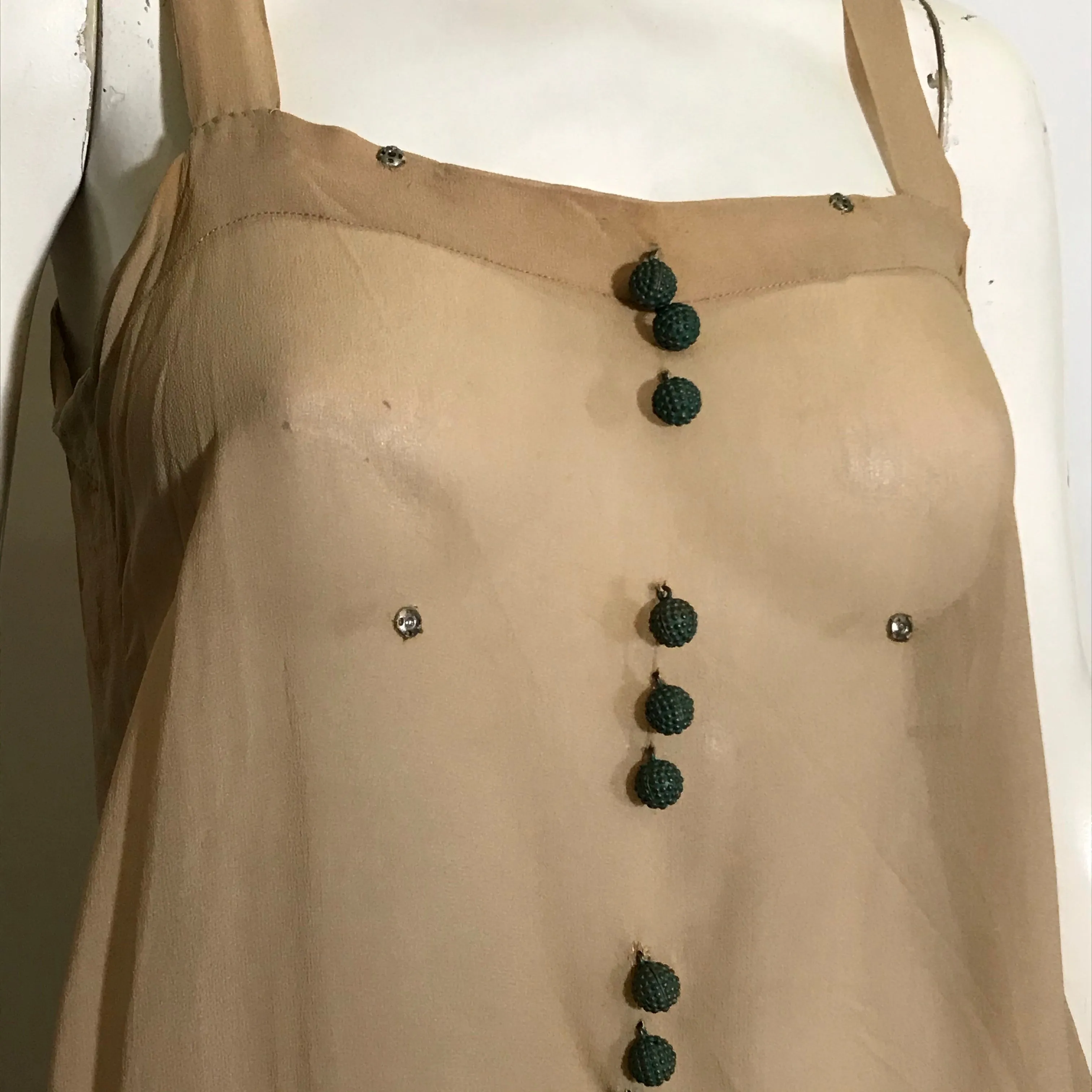 Egyptian Revival Warm Ivory Silk 2 Piece Day Dress with Green Metal Buttons and Braided Silk Sash circa 1920s