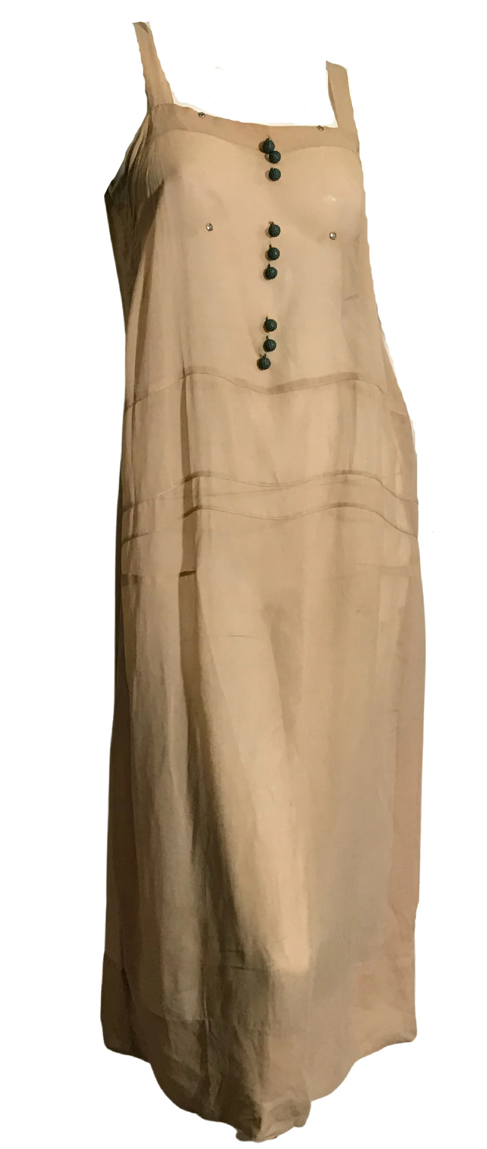 Egyptian Revival Warm Ivory Silk 2 Piece Day Dress with Green Metal Buttons and Braided Silk Sash circa 1920s