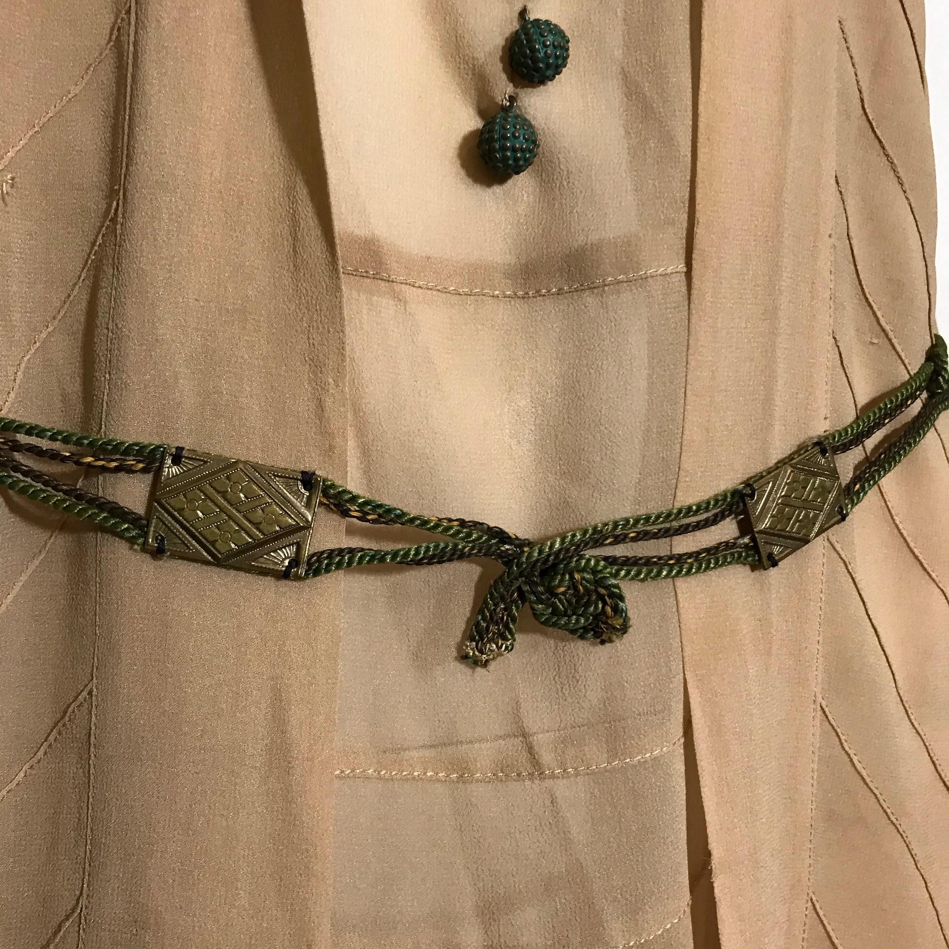 Egyptian Revival Warm Ivory Silk 2 Piece Day Dress with Green Metal Buttons and Braided Silk Sash circa 1920s