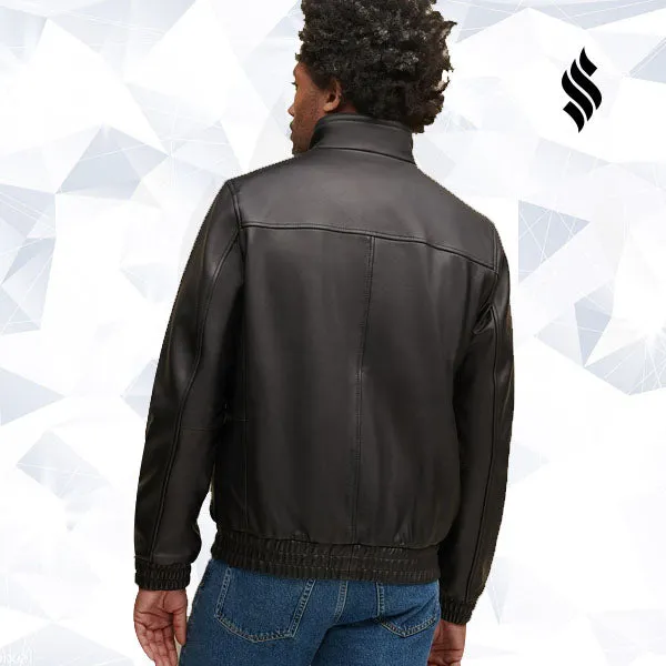 Elasticated Self Band Leather Bomber Jacket