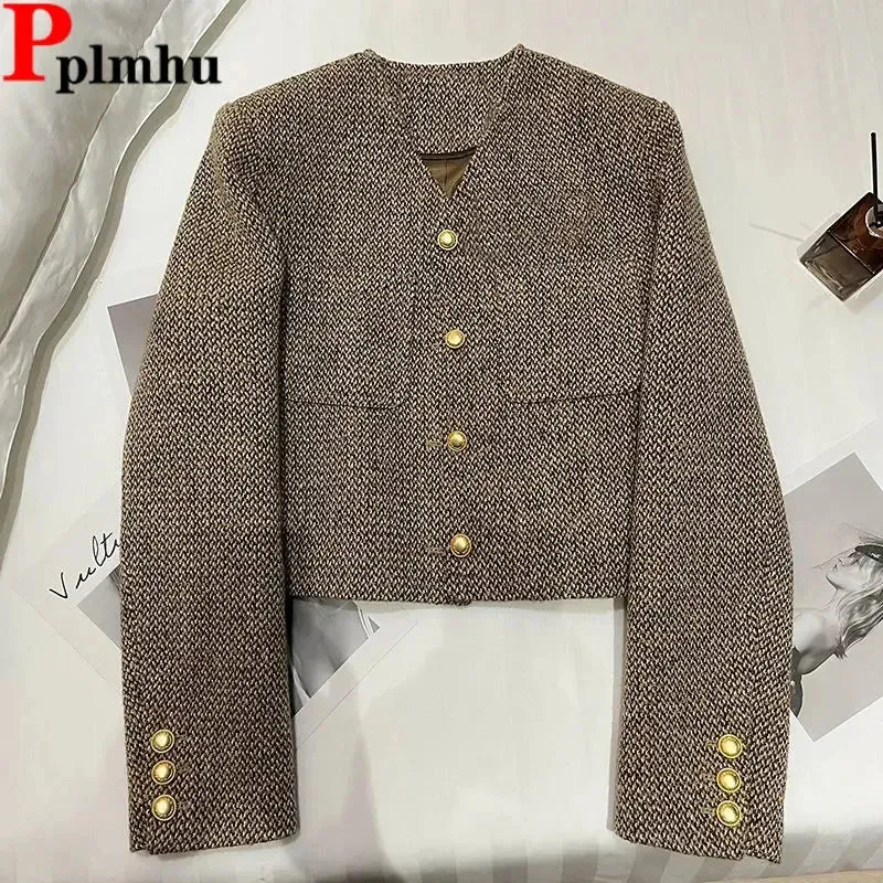 Elegant Tweed Slim Short Jackets Women New Korean O-Neck Wool Blend Chaquetas Fashion Woolen Vintage Office Vintage Casaco