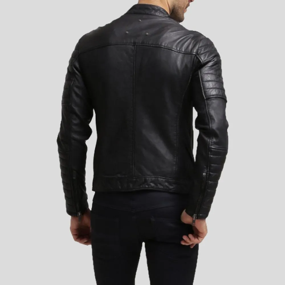 Enzo Black Slim Fit Leather Racer Jacket