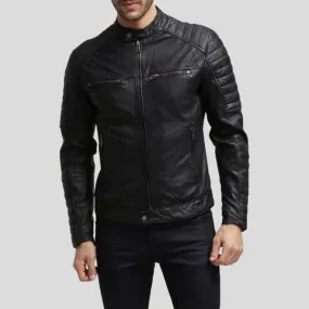 Enzo Black Slim Fit Leather Racer Jacket