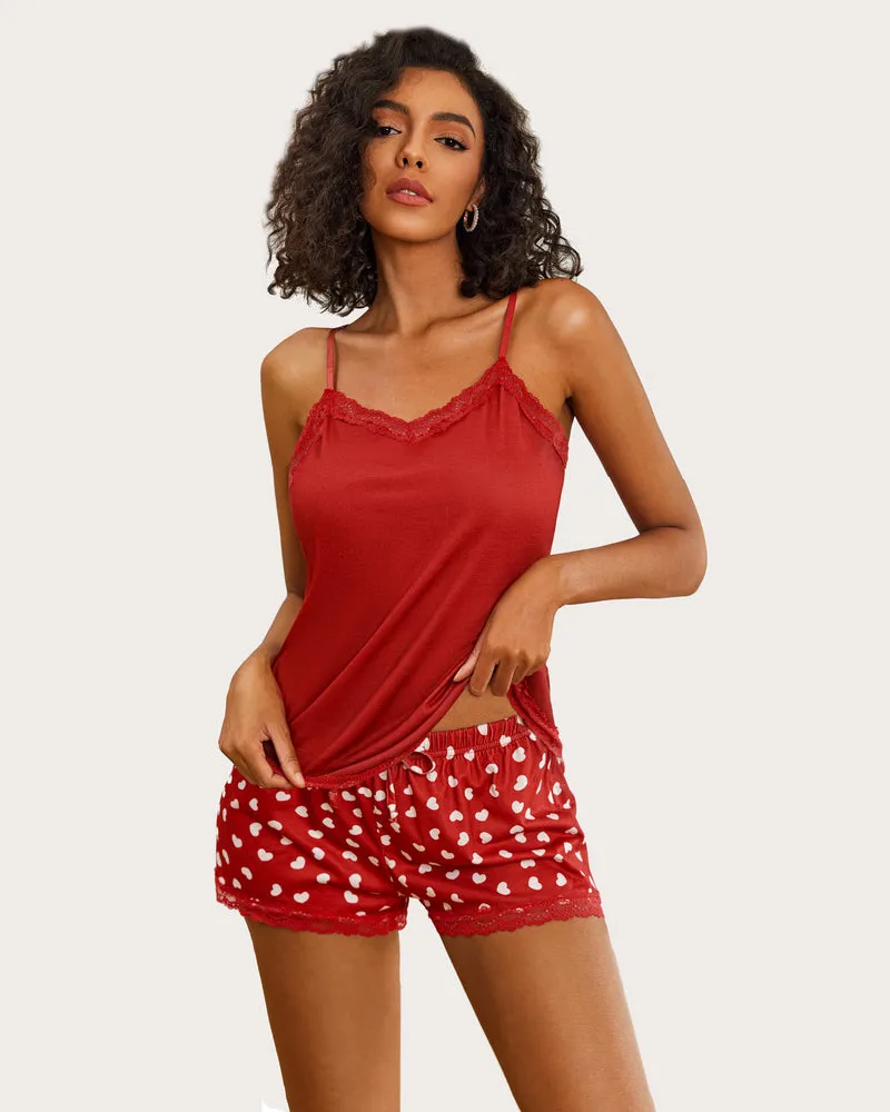 Floral Cami Pajama Set Lace Trim Short PJ Set with Shorts