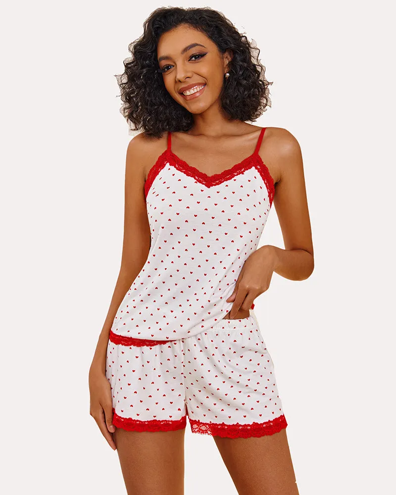 Floral Cami Pajama Set Lace Trim Short PJ Set with Shorts