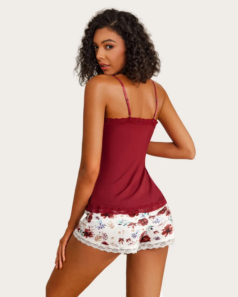 Floral Cami Pajama Set Lace Trim Short PJ Set with Shorts