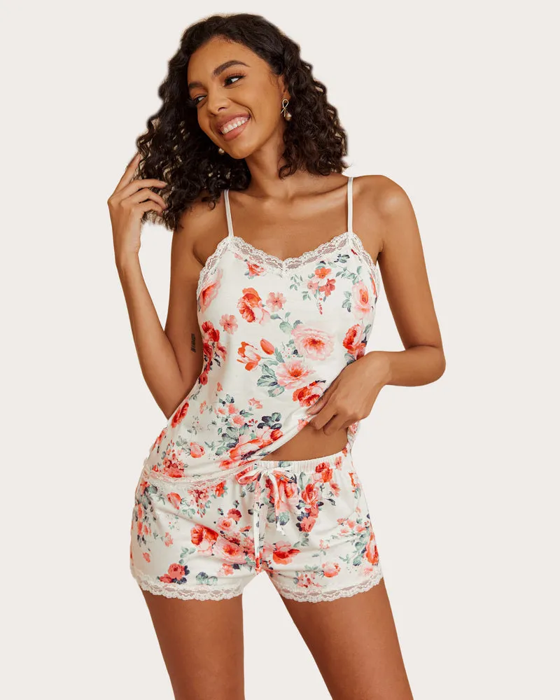 Floral Cami Pajama Set Lace Trim Short PJ Set with Shorts