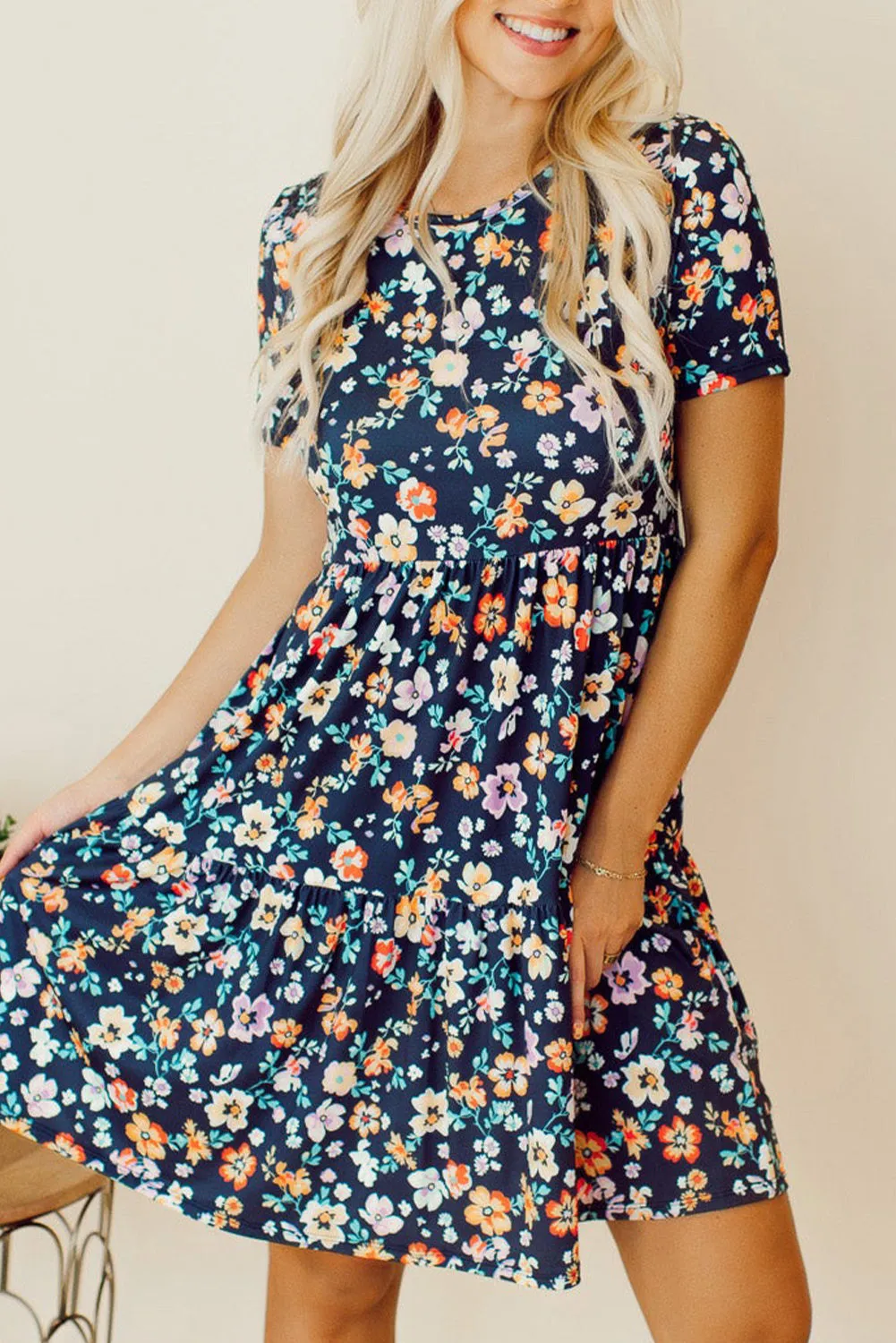 Floral Round Neck Short Sleeve Dress