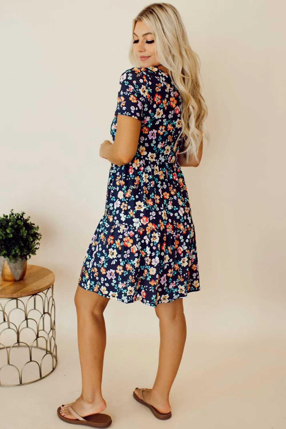 Floral Round Neck Short Sleeve Dress