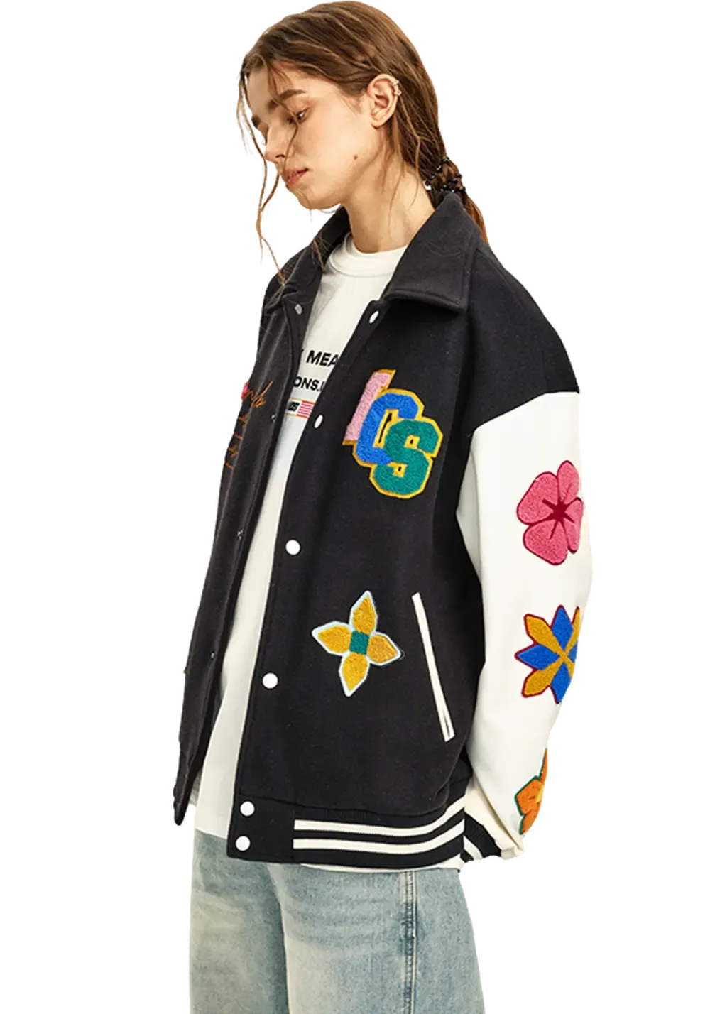 Flower Contrast Lapel Baseball Jersey