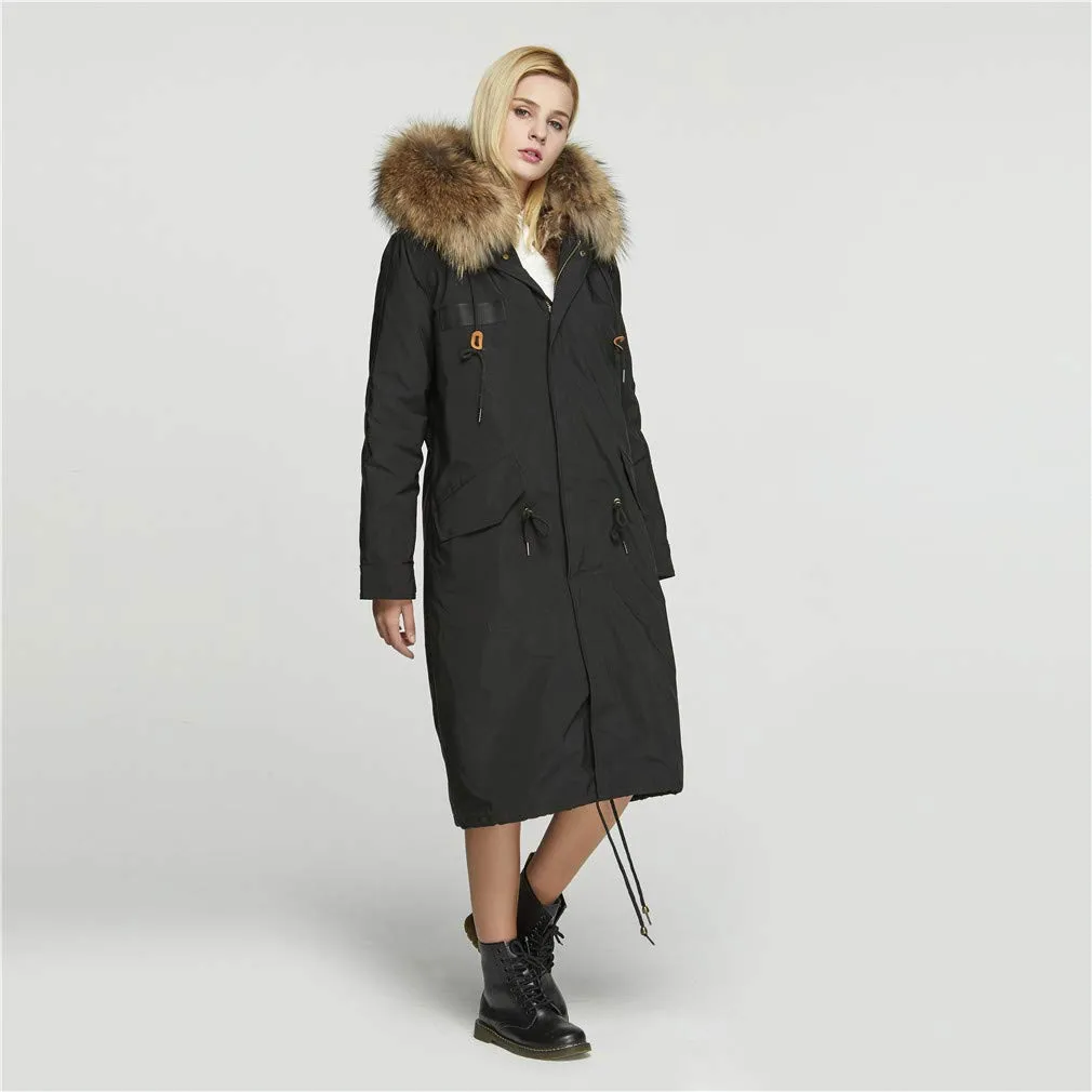 Fur Story's winter ladies leather parka coat with thick hooded long fur coat with raccoon fur