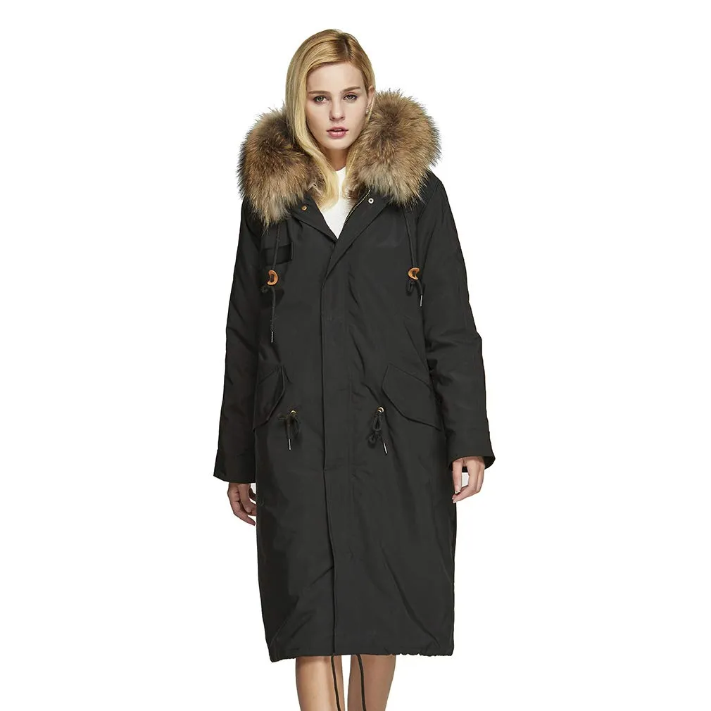 Fur Story's winter ladies leather parka coat with thick hooded long fur coat with raccoon fur