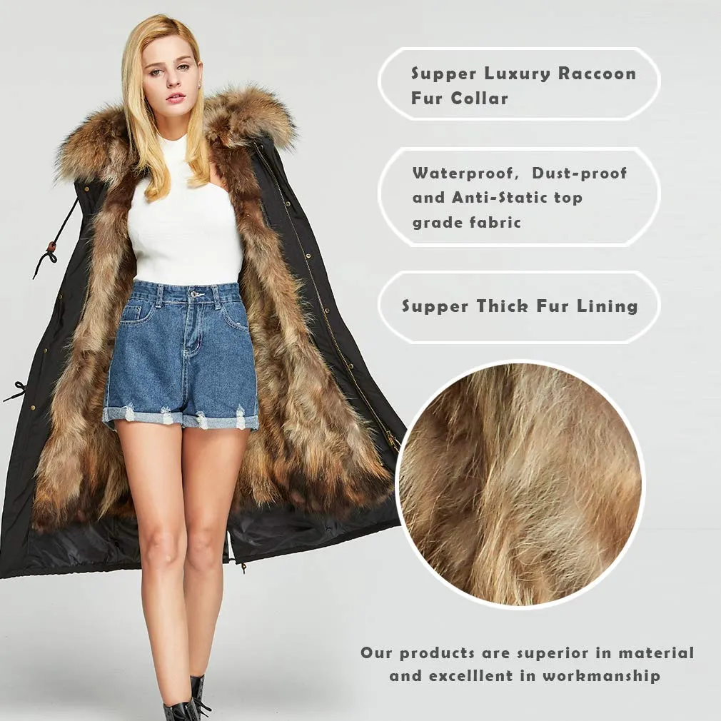 Fur Story's winter ladies leather parka coat with thick hooded long fur coat with raccoon fur