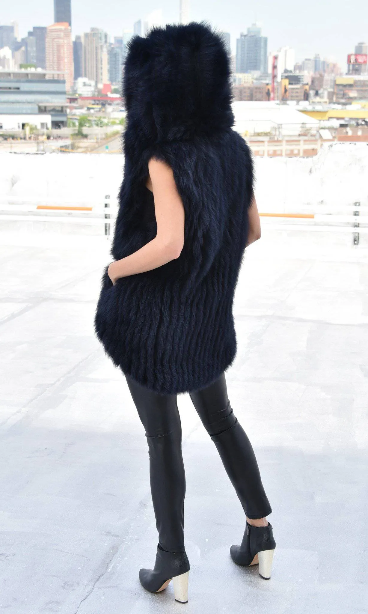 Fur Vest With Hood- Navy