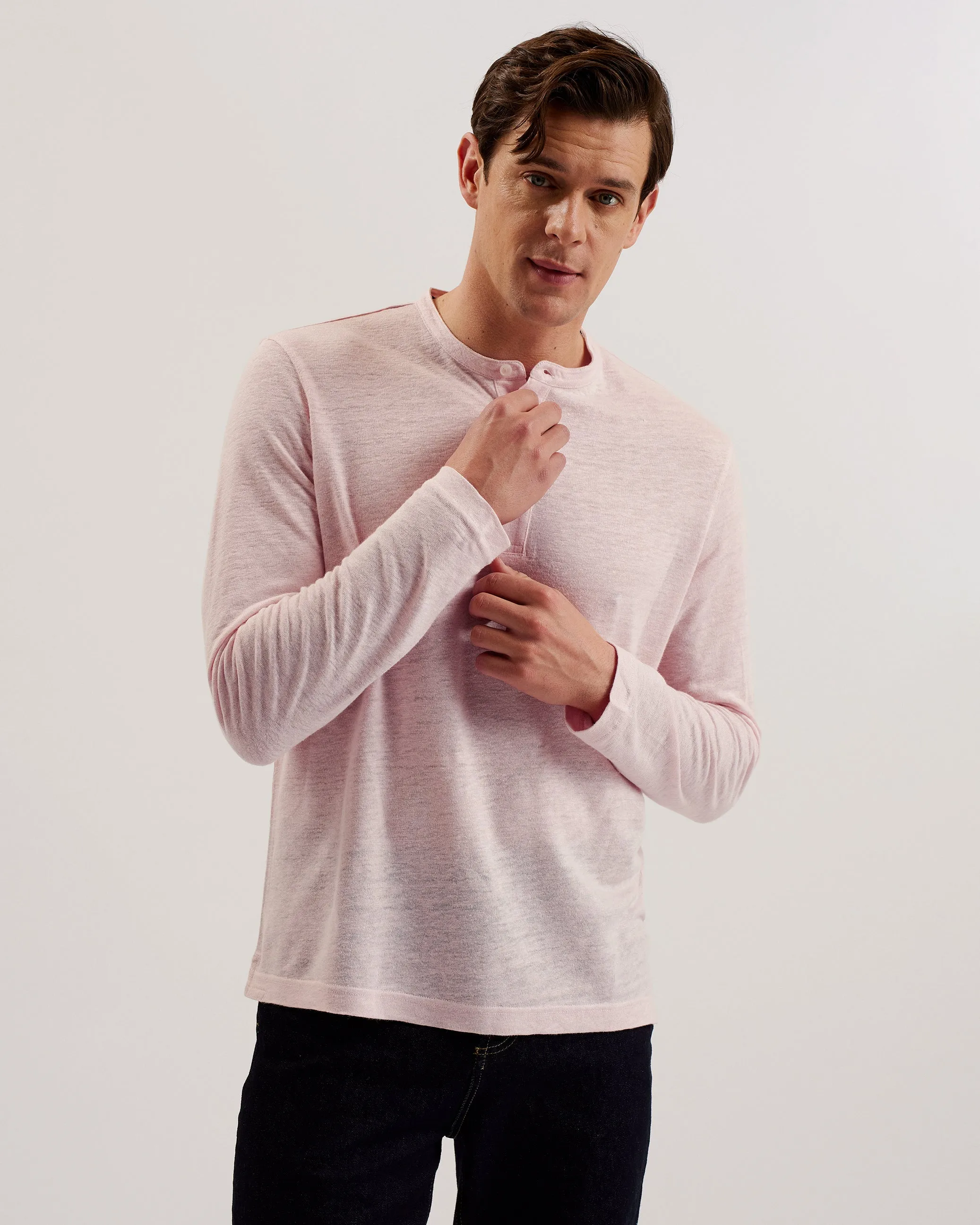 Gamle Ls Linen Henley Lt-Pink