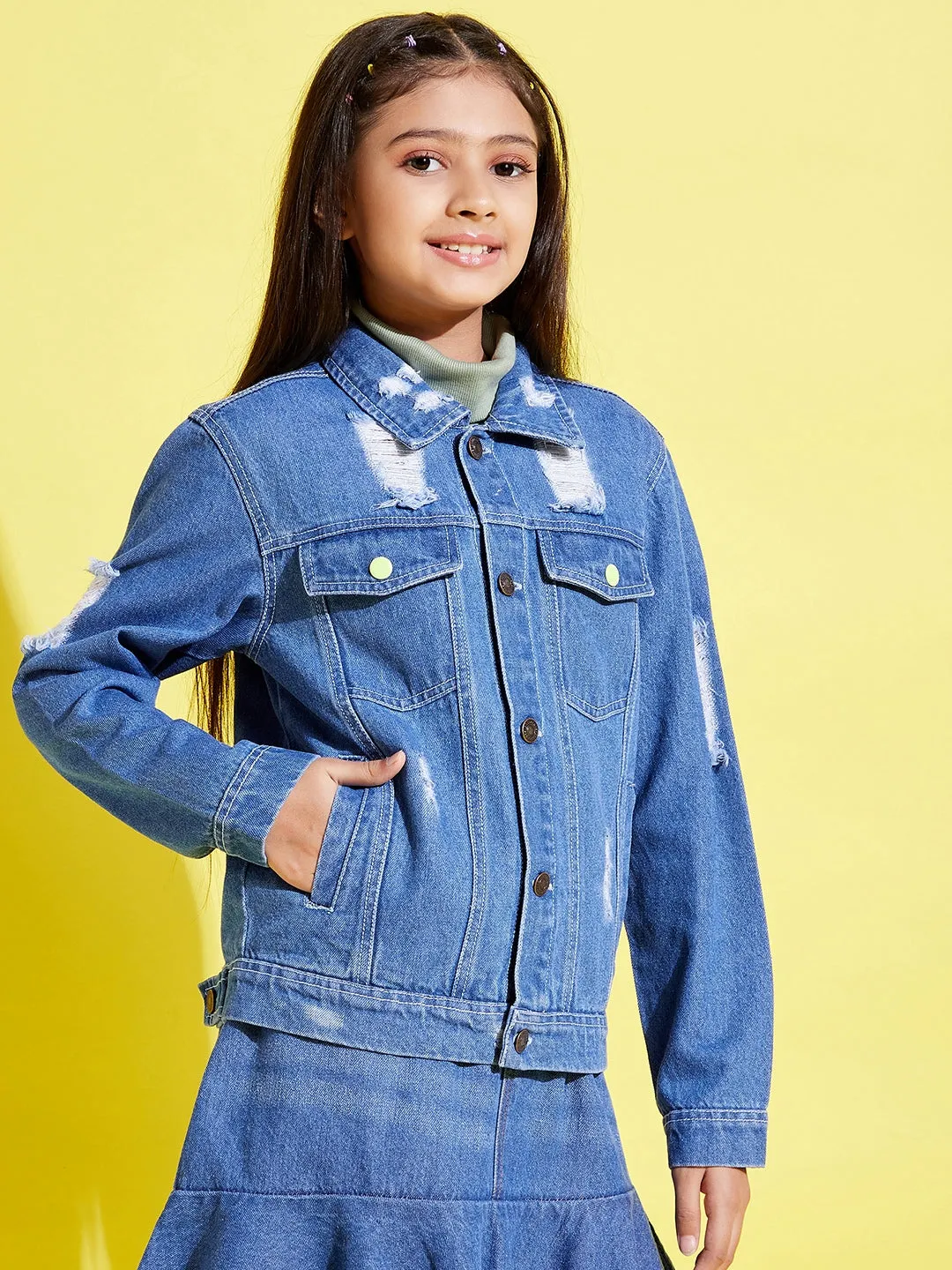 Girls Blue Distressed Neon Button Denim Jacket