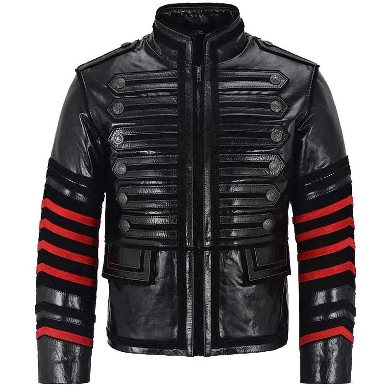 Gothic Military Style Leather Jacket Men's