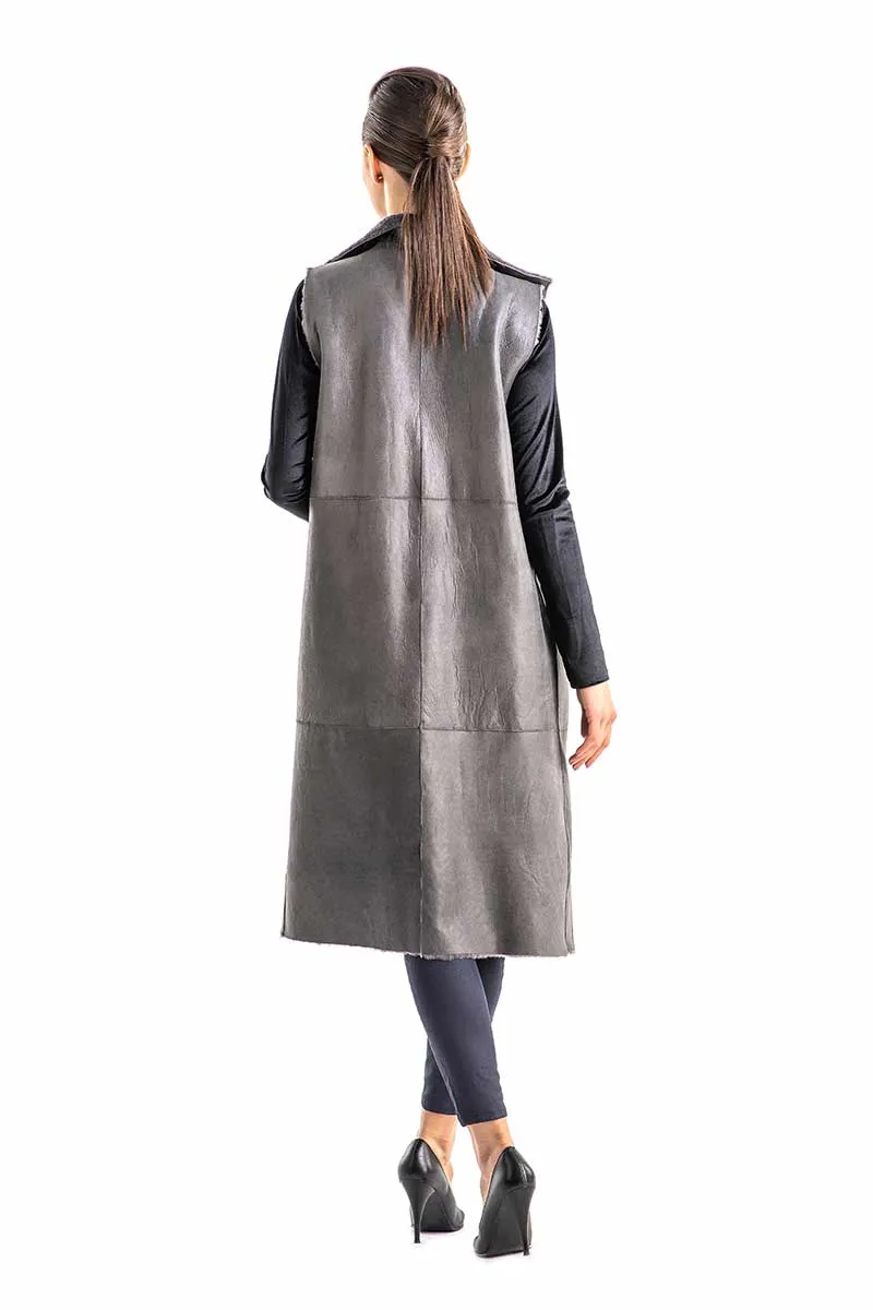 Gray Double Face Geniune Nappa Lamb Leather Mouton Long Fur Vest