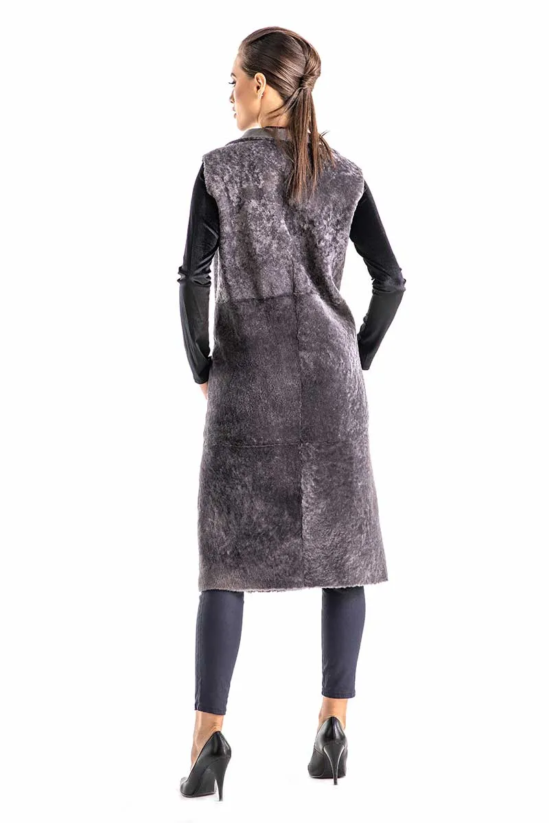 Gray Double Face Geniune Nappa Lamb Leather Mouton Long Fur Vest