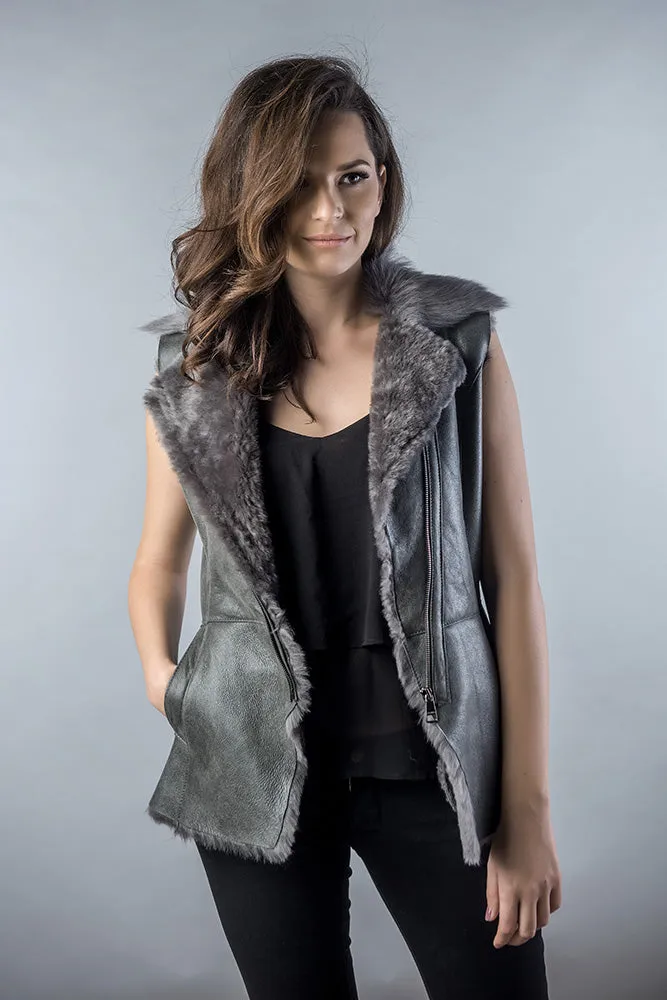 Gray Genuine Nappa Lambskin Fur Vest