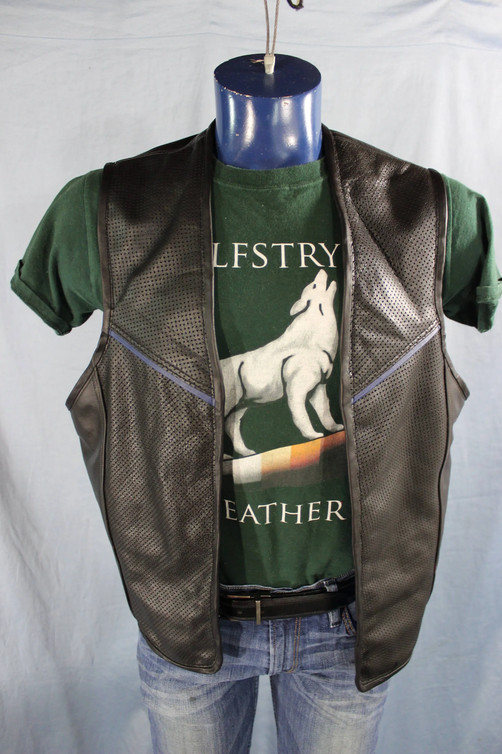 Hand Made Leather Pin Vest with Blue Highlights