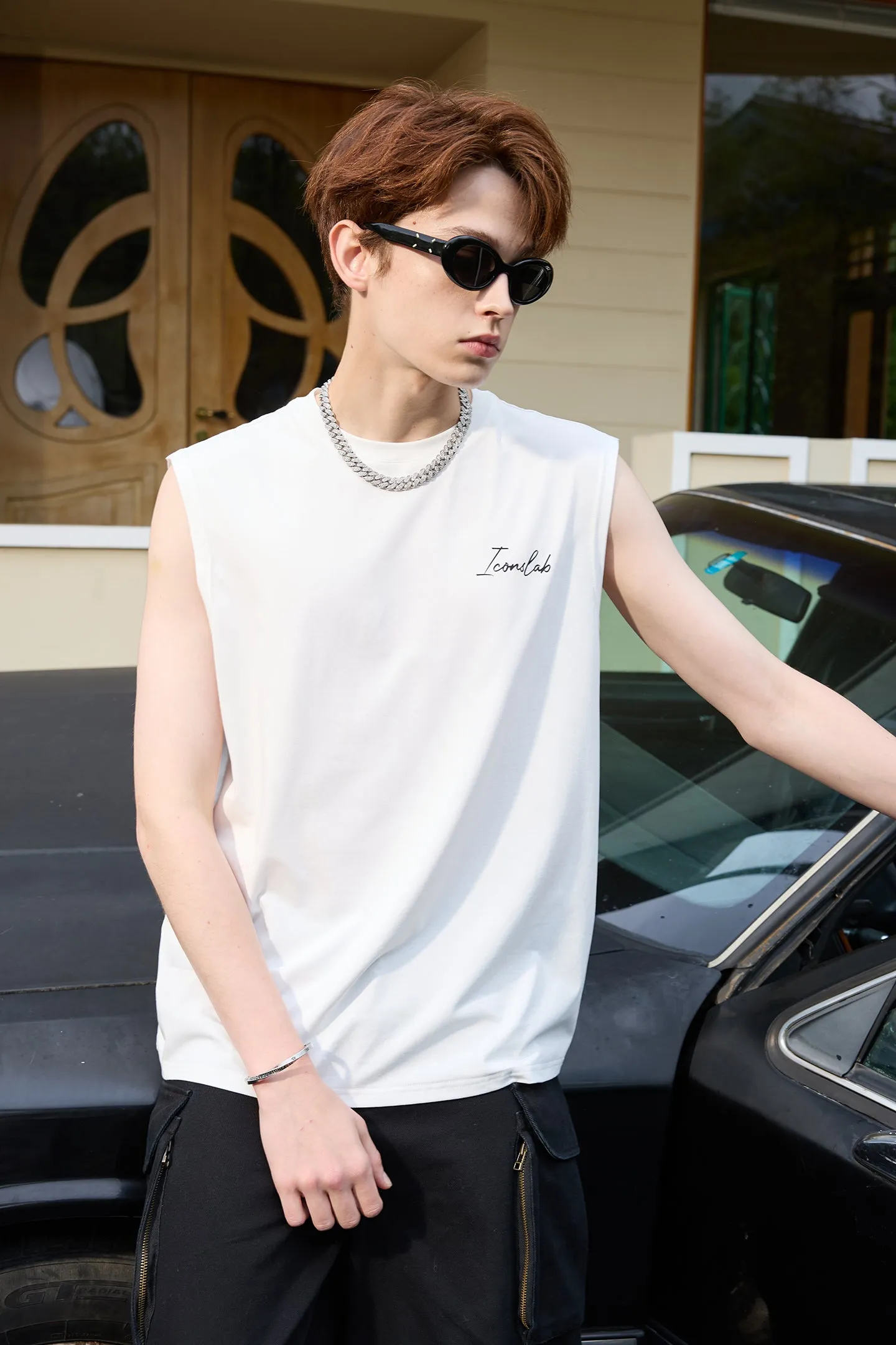 Handwritten Font Outer Wear Sleeveless Drop Shoulder Vest Unisex T-shirt