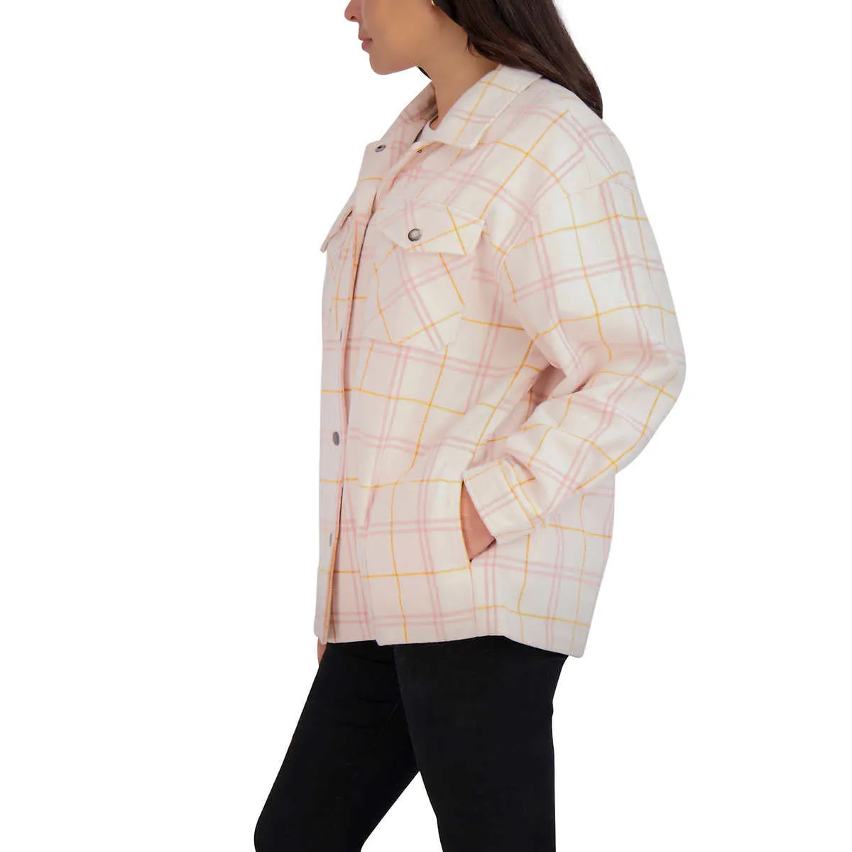 HFX Women's Relaxed Fit Front Snap Cozy Plaid Shirt Jacket